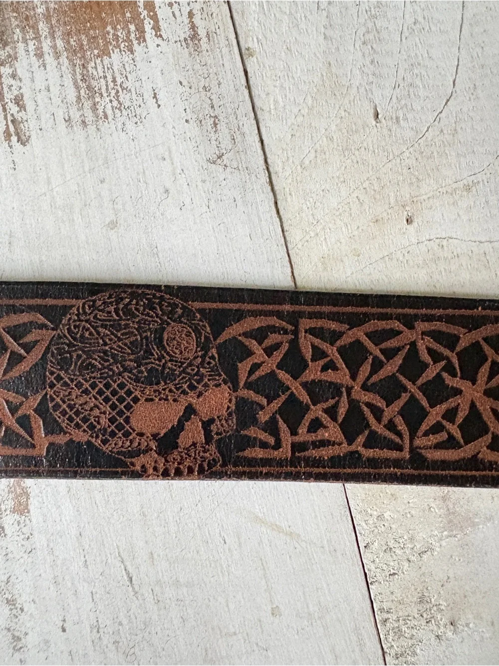 Unique brown black tooled leather belt Celtic knots skulls biker goth men’s 48